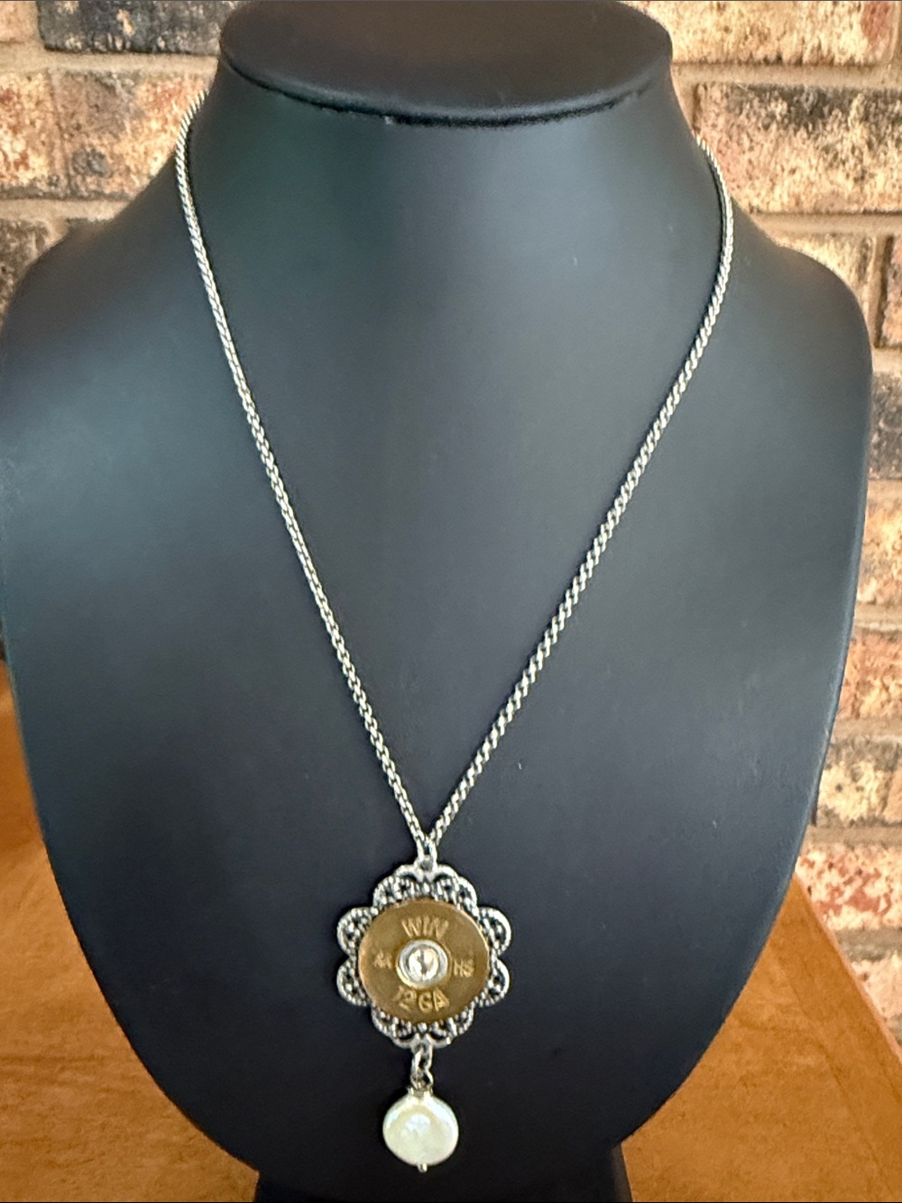 Winchester 12-gauge shell casing filigree pendant pearl charm necklace